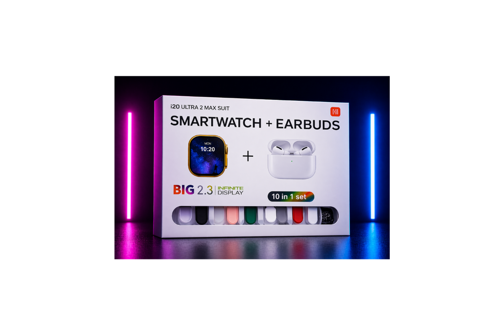 i20 Ultra Max Smartwatch Kit – 10-in-1 Combo with Wireless Earbuds & 2.3" Display