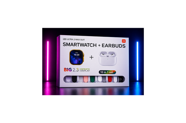 i20 Ultra Max Smartwatch Kit – 10-in-1 Combo with Wireless Earbuds & 2.3" Display