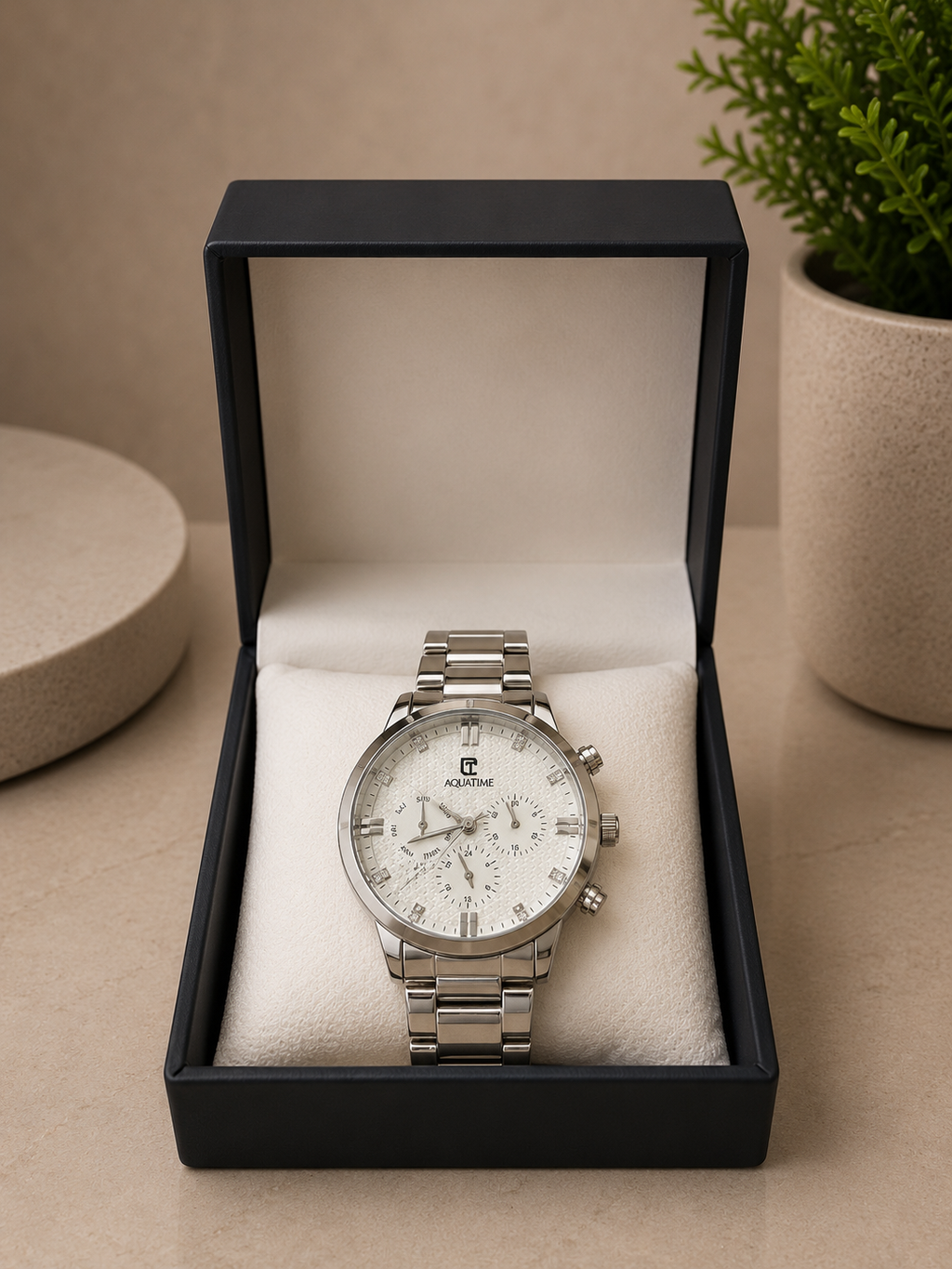 AQUATIME Silver Chronograph Watch for Men – Stainless Steel Bracelet